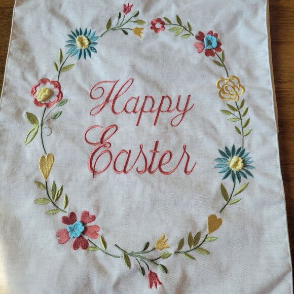 Easter Table Runner 14 × 74 Embroidered Happy Easter Floral ring Linen Feel - Picture 9 of 10